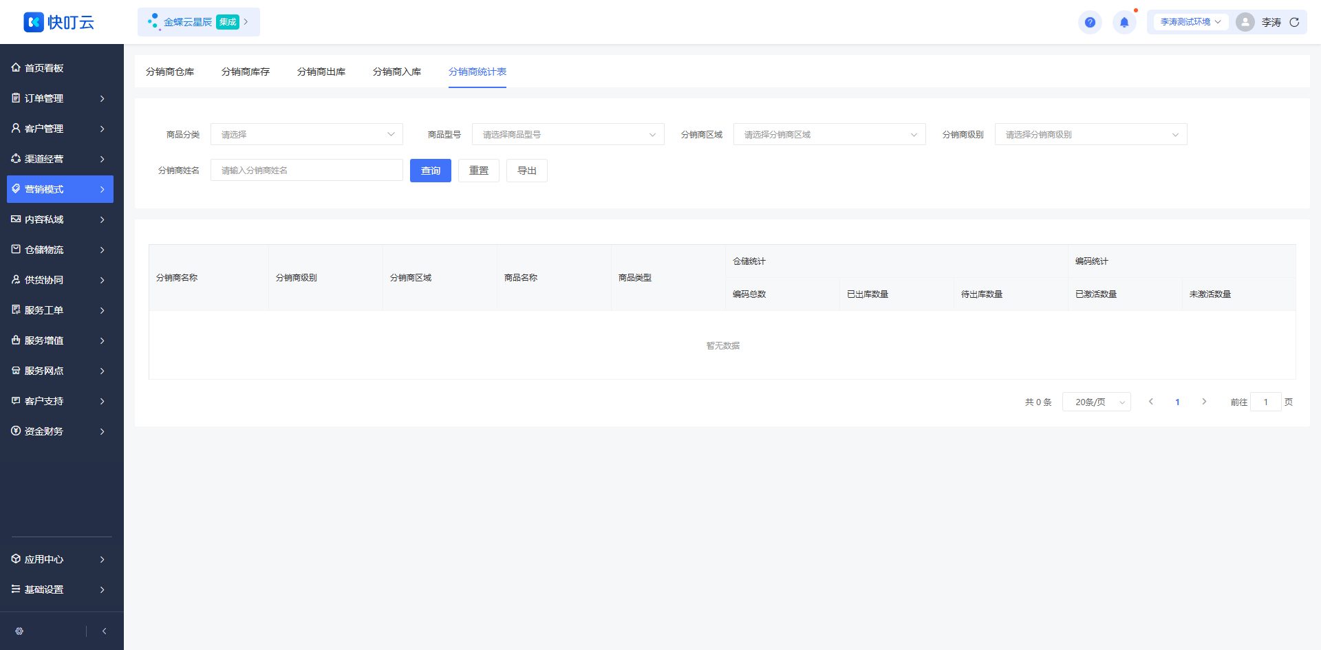 分销商统计表页面截图